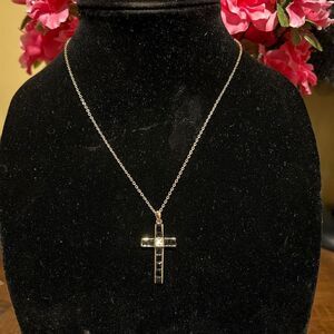 14KT GE  Linden Gold Cross W/ 18”Gold Tone Chain Accented W/black Onyx Stones